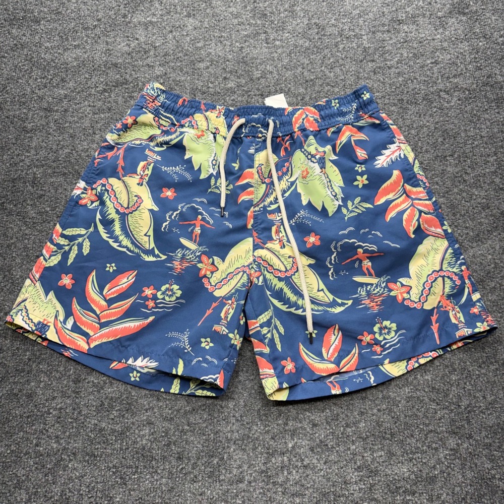 Polo Ralph Lauren Mens Navy Blue Tropical Hawaiian Surfer Swim Trunks Size M